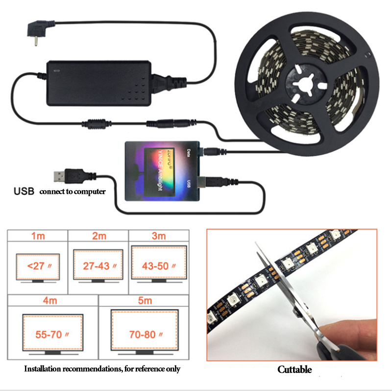 DC5V WS2812B Digital Dream Color Ambilight Display Synchronization Computer Computer Screen Backlighting Addressable LED Light Strip Kit DC5V WS2812B Digital Dream Color Ambilight Display Synchronization Computer Computer Screen Backlighting Addressable LED Light Strip Kit